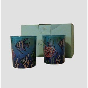 Party Lite Candle Votive Cups Fish Tales Set of 2 Boxed Multicolor 2.75 In. Tall